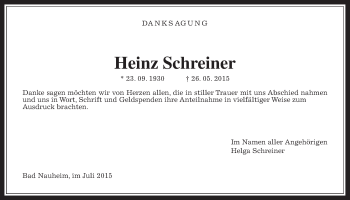 Traueranzeige von Heinz Schreiner von Wetterauer Zeitung, Wetterauer Zeitung