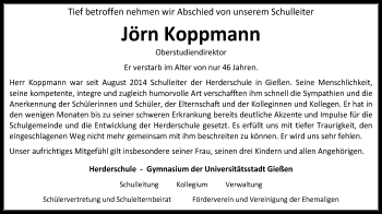 Traueranzeige von Jörn Koppmann von Gießener Allgemeine, Alsfelder Allgemeine, Wetterauer Zeitung, Wetterauer Zeitung