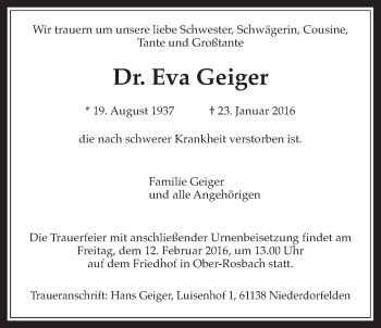 Traueranzeige von Eva Geiger von Wetterauer Zeitung, Wetterauer Zeitung