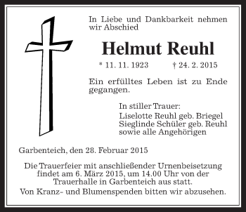 Traueranzeige von Helmut Reuhl von Gießener Allgemeine, Alsfelder Allgemeine
