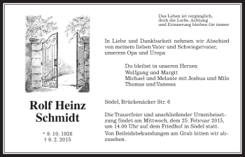 Traueranzeige von Rolf Heinz Schmidt von Wetterauer Zeitung, Wetterauer Zeitung