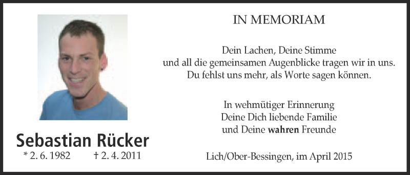  Traueranzeige für Sebastian Rücker vom 02.04.2015 aus Licher Wochenblatt, Licher Wochenblatt, Licher Wochenblatt