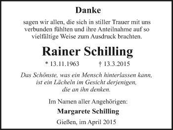 Traueranzeige von Rainer Schilling von Gießener Allgemeine, Alsfelder Allgemeine