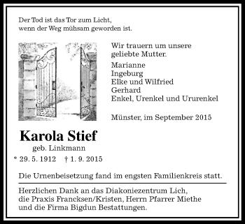 Traueranzeige von Karola Stief von Gießener Allgemeine, Alsfelder Allgemeine