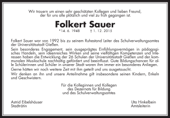 Traueranzeige von Folkert Sauer von Gießener Allgemeine, Alsfelder Allgemeine