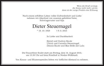 Traueranzeige von Dieter Steuernagel von Wetterauer Zeitung, Wetterauer Zeitung