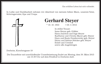 Traueranzeige von Gerhard Steyer von Wetterauer Zeitung, Wetterauer Zeitung