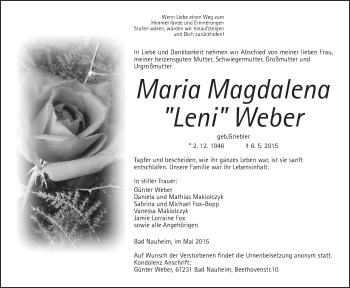 Traueranzeige von Maria Magdalena  Weber von Wetterauer Zeitung, Wetterauer Zeitung