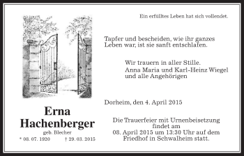 Traueranzeige von Erna Hachenberger von Wetterauer Zeitung, Wetterauer Zeitung