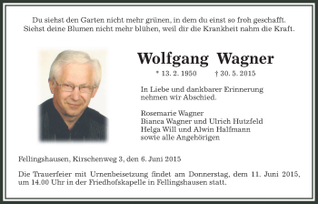 Traueranzeige von Wolfgang Wagner von Gießener Allgemeine, Alsfelder Allgemeine