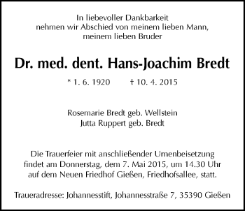 Traueranzeige von Hans-Joachim Bredt von Gießener Allgemeine, Alsfelder Allgemeine