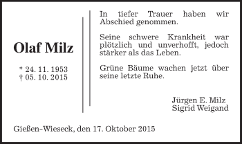 Traueranzeige von Olaf Milz von Gießener Allgemeine, Alsfelder Allgemeine