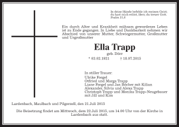 Traueranzeige von Ella Trapp von Gießener Allgemeine, Alsfelder Allgemeine