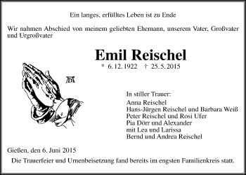 Traueranzeige von Emil Reischel von Gießener Allgemeine, Alsfelder Allgemeine