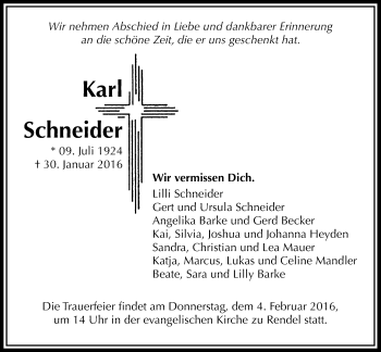 Traueranzeige von Karl Schneider von Wetterauer Zeitung, Wetterauer Zeitung