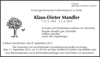 Traueranzeige von Klaus-Dieter Mandler von Gießener Allgemeine, Alsfelder Allgemeine