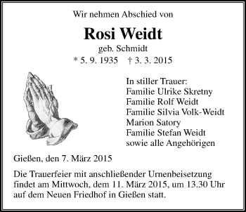 Traueranzeige von Rosi Weidt von Gießener Allgemeine, Alsfelder Allgemeine