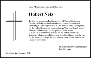 Traueranzeige von Hubert Netz von Wetterauer Zeitung, Wetterauer Zeitung