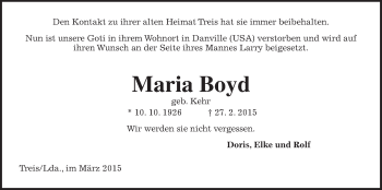 Traueranzeige von Maria Boyd von Gießener Allgemeine, Alsfelder Allgemeine