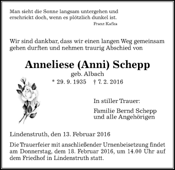 Traueranzeige von Anneliese Schepp von Gießener Allgemeine, Alsfelder Allgemeine