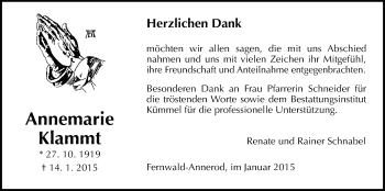 Traueranzeige von Annemarie Klammt von Gießener Allgemeine, Alsfelder Allgemeine