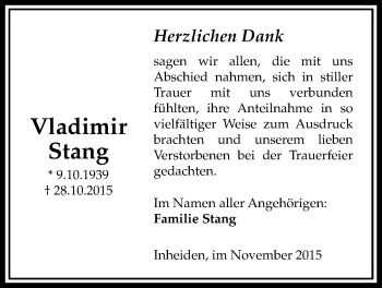 Traueranzeige von Vladimir Stang von Licher Wochenblatt, Licher Wochenblatt, Licher Wochenblatt