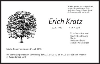 Traueranzeige von Erich Kratz von Alsfelder Allgemeine, Gießener Allgemeine, Alsfelder Allgemeine