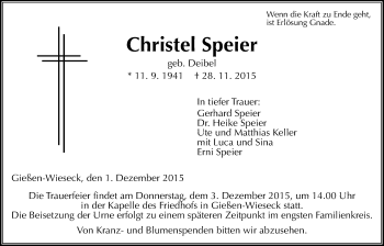 Traueranzeige von Christel Speier von Gießener Allgemeine, Alsfelder Allgemeine