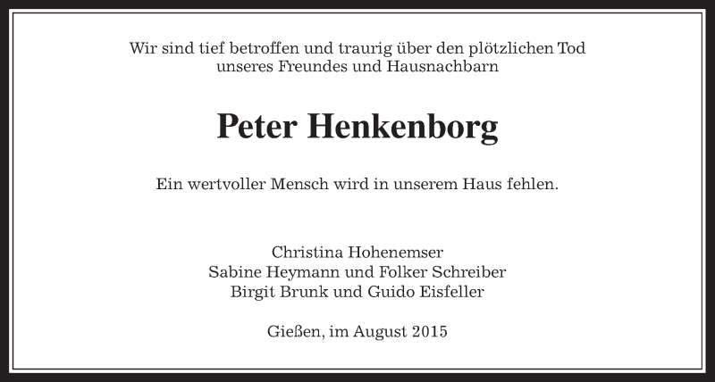  Traueranzeige für Peter Henkenborg vom 27.08.2015 aus Gießener Allgemeine, Alsfelder Allgemeine