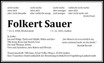 Traueranzeige von Folkert Sauer von Gießener Allgemeine, Alsfelder Allgemeine