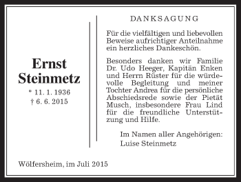 Traueranzeige von Ernst Steinmetz von Wetterauer Zeitung, Wetterauer Zeitung