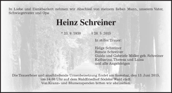 Traueranzeige von Heinz Schreiner von Wetterauer Zeitung, Wetterauer Zeitung