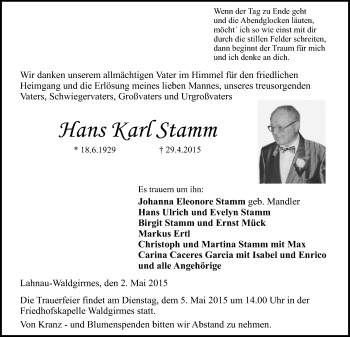 Traueranzeige von Hans Karl Stamm von Gießener Allgemeine, Alsfelder Allgemeine