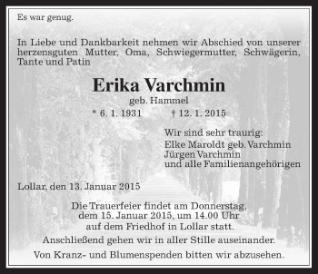 Traueranzeige von Erika Varchmin von Giessener Allgemeine, Alsfelder Allgemeine
