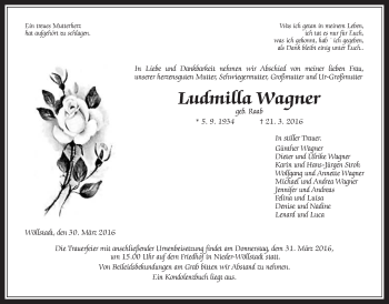 Traueranzeige von Ludmilla Wagner von Wetterauer Zeitung, Wetterauer Zeitung