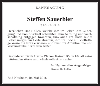 Traueranzeige von Steffen Sauerbier von Wetterauer Zeitung, Wetterauer Zeitung, Gießener Allgemeine, Alsfelder Allgemeine