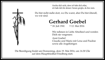 Traueranzeige von Gerhard Goebel von Wetterauer Zeitung, Wetterauer Zeitung