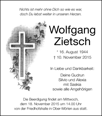 Traueranzeige von Wolfgang Zietsch von Wetterauer Zeitung, Wetterauer Zeitung