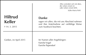 Traueranzeige von Hiltrud Keller von Gießener Allgemeine, Alsfelder Allgemeine