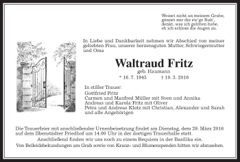 Traueranzeige von Waltraud Fritz von Wetterauer Zeitung, Wetterauer Zeitung