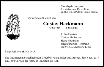 Traueranzeige von Gustav Heckmann von Licher Wochenblatt, Licher Wochenblatt, Licher Wochenblatt