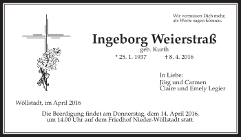 Traueranzeige von Ingeborg Weierstraß von Wetterauer Zeitung, Wetterauer Zeitung