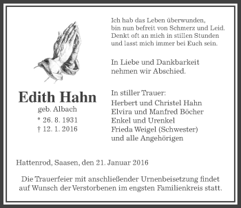 Traueranzeige von Edith Hahn von Licher Wochenblatt, Licher Wochenblatt, Licher Wochenblatt