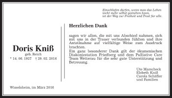 Traueranzeige von Doris Kniß von Wetterauer Zeitung, Wetterauer Zeitung