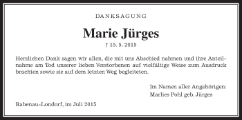 Traueranzeige von Marie Jürges von Gießener Allgemeine, Alsfelder Allgemeine