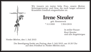Traueranzeige von Irene Steuler von Wetterauer Zeitung, Wetterauer Zeitung