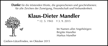 Traueranzeige von Klaus-Dieter Mandler von Gießener Allgemeine, Alsfelder Allgemeine