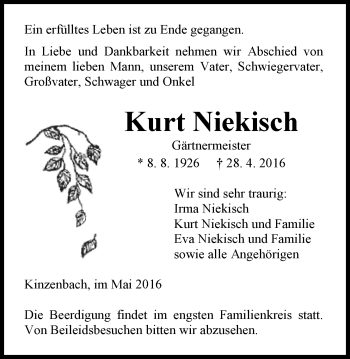 Traueranzeige von Kurt Niekisch von Gießener Allgemeine, Alsfelder Allgemeine