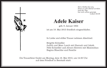 Traueranzeige von Adele Kaiser von Wetterauer Zeitung, Wetterauer Zeitung