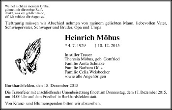 Traueranzeige von Heinrich Möbus von Gießener Allgemeine, Alsfelder Allgemeine